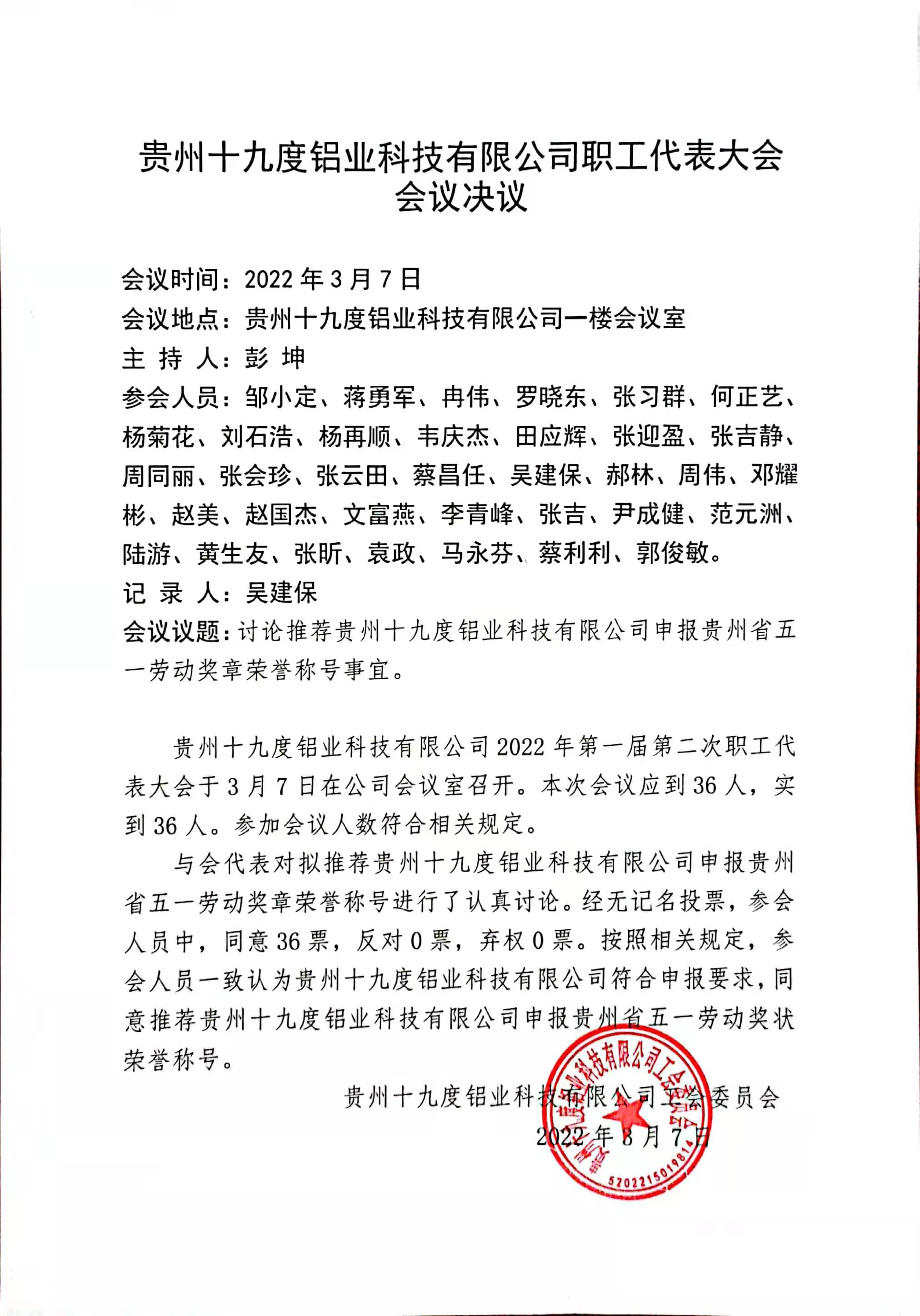 贵州十九度铝业科技有限公司召开职工代表大会